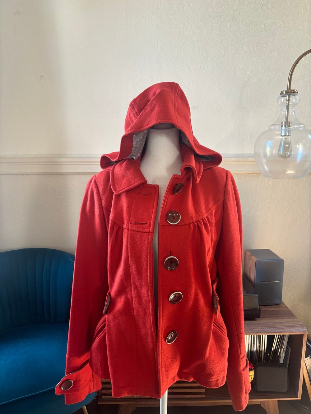Eidra Orange Wool Blend Hooded Belted Coat Size 6 Large Buttons Polka Dot Lining